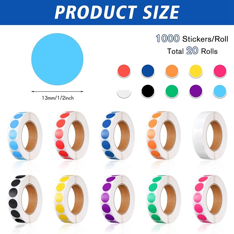 20000 Pieces 1/2 Inch Round Color Coded Dot Labels Roll Sticker For Inventory Organizing File Sorting, 10 Colors
