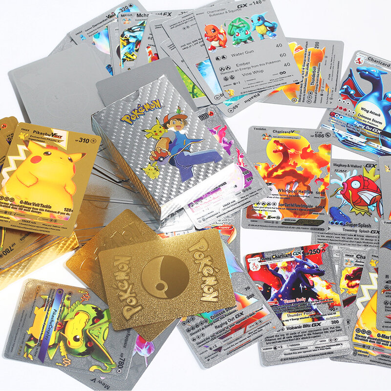 54pc angielski/francja/Español Cartas Pokemon metalowe złote pudełko kartonowe złote litery karty do gry Metalicas Charizard Vmax Gx zabawka