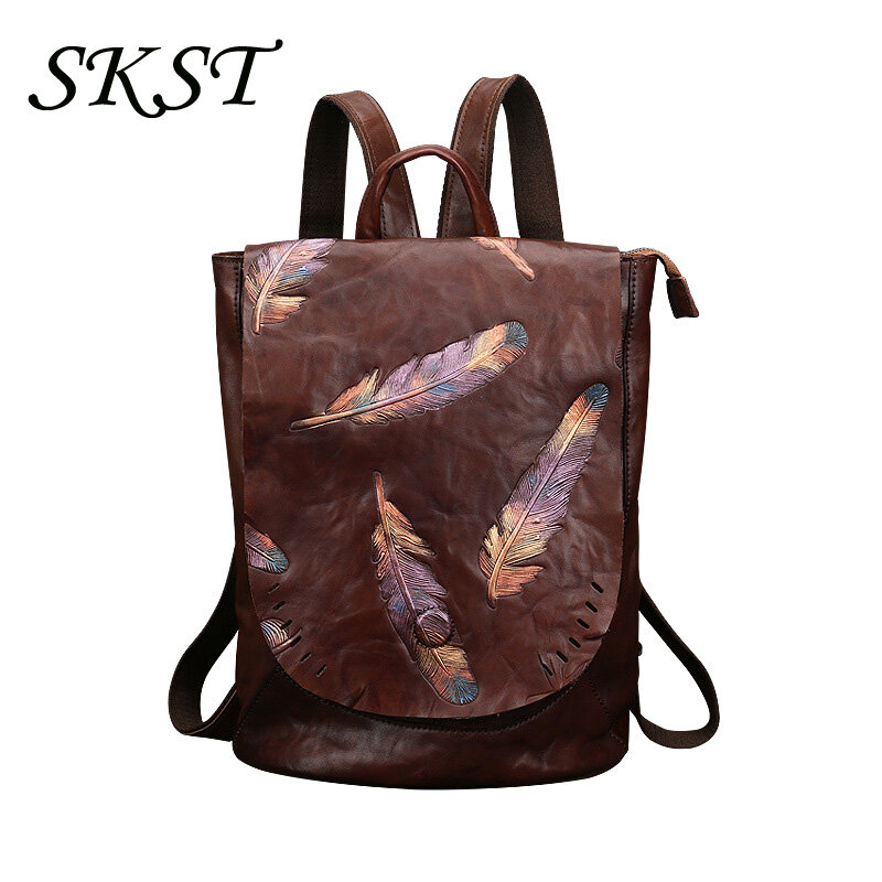 Женская сумка из натуральной кожи в стиле ретро, тисненый вместительный дорожный ранец на ремне из воловьей кожи для женщин