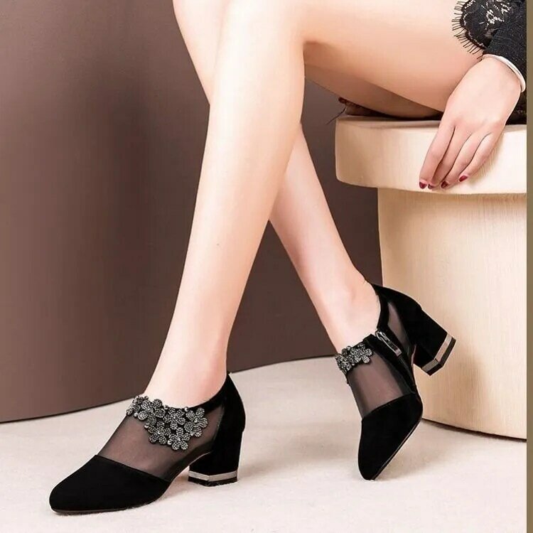 Sandals for Women 2022 Fashion Rhinestone Sandals Women Flowers Low Heel Sandals Women Mesh Plus Size Sandals Sandalias Mujer
