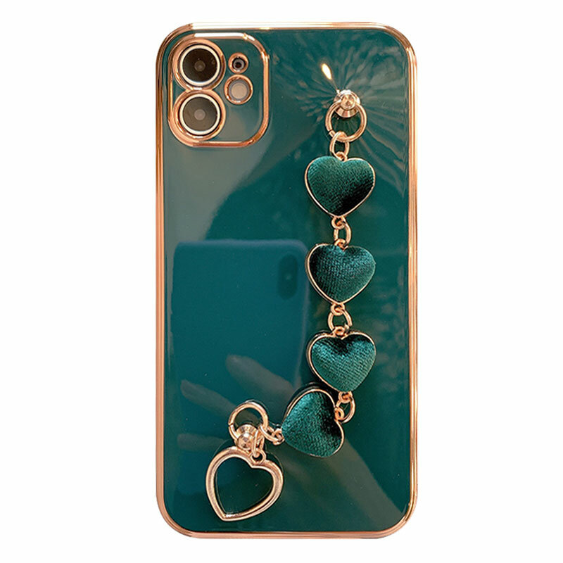 For iPhone 12 Case Luxury Plating Heart Wrist Chain Silicone Case For iPhone13 12 11 Pro Max X XS XR XSMax 13mini 7 8 Plus Cover