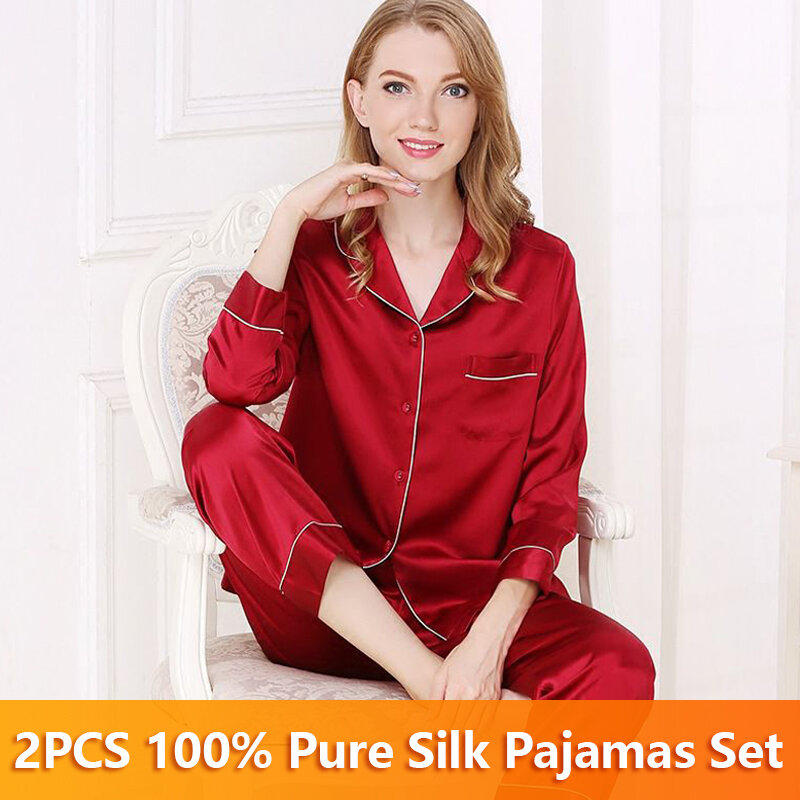 Pyjama en soie véritable pour femmes, vêtements de nuit, 100% pur, haut Long et pantalon, ensembles pyjama en soie, grande taille, costume pour la maison