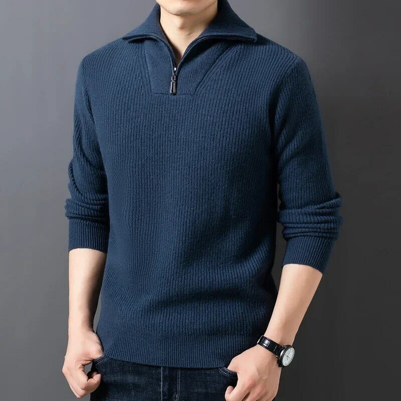 Maglione di pura lana addensato maglione invernale da uomo con mezza cerniera colletto alla coreana Jacquard Trend maglia Bottoming Shirt maglione caldo da uomo