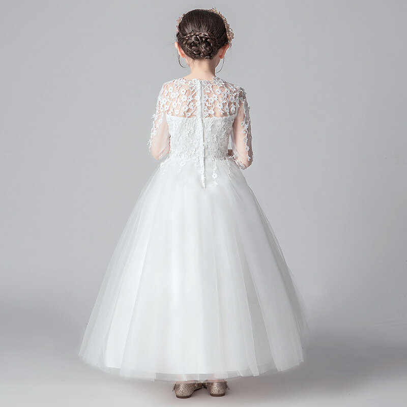 Elegancka koronkowa tiulowa sukienka balowa z okrągłym dekoltem dla dzieci dziewczynka do kostek kwiatowe sukienki księżniczki na wesele z półrękawem