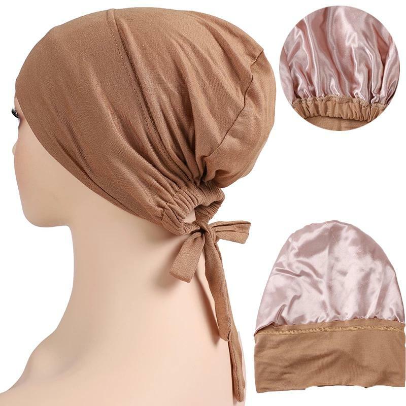 Women Muslim Jersey Inner Hijab With Satin Silk Modal Stretchy Underscarf  With Satin  Inner Hijab Caps Bonnet With Inner Satin