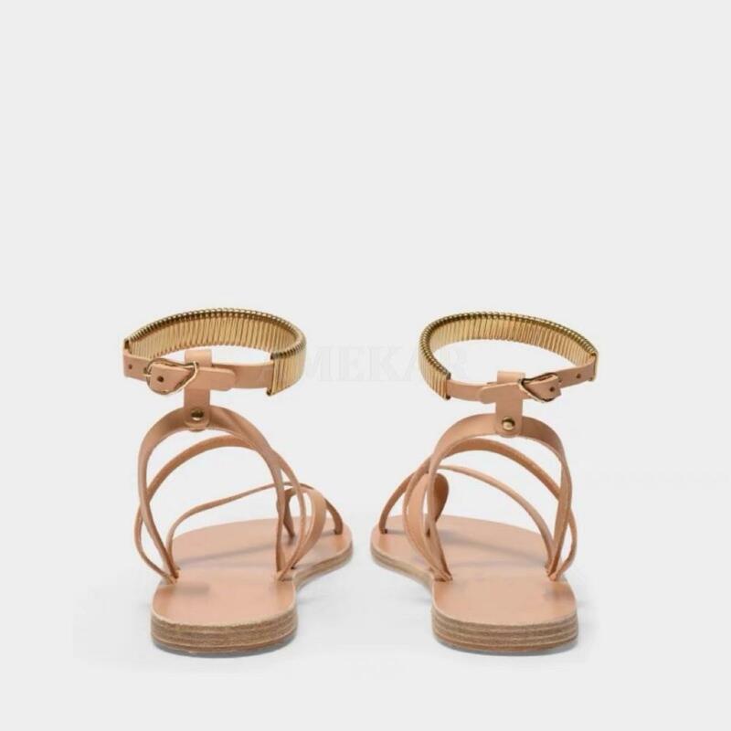 Sandalias planas de piel auténtica para mujer, zapatos planos con punta abierta de diseñador, nuevos estilos