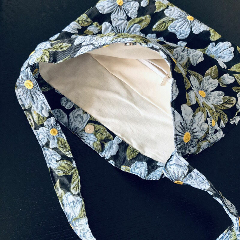 Margarida bolsa de lona ombro retro azul jacquard impresso saco de lona textura axila saco escuro elegante flor nicho desig