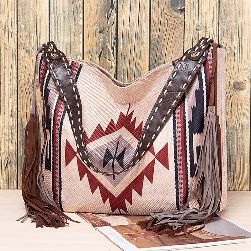 Woman Bags Hand-made Canvas Linen Women's Beach One-shoulder carry canvas ethnic style print large capacity,Crossbody for 2023