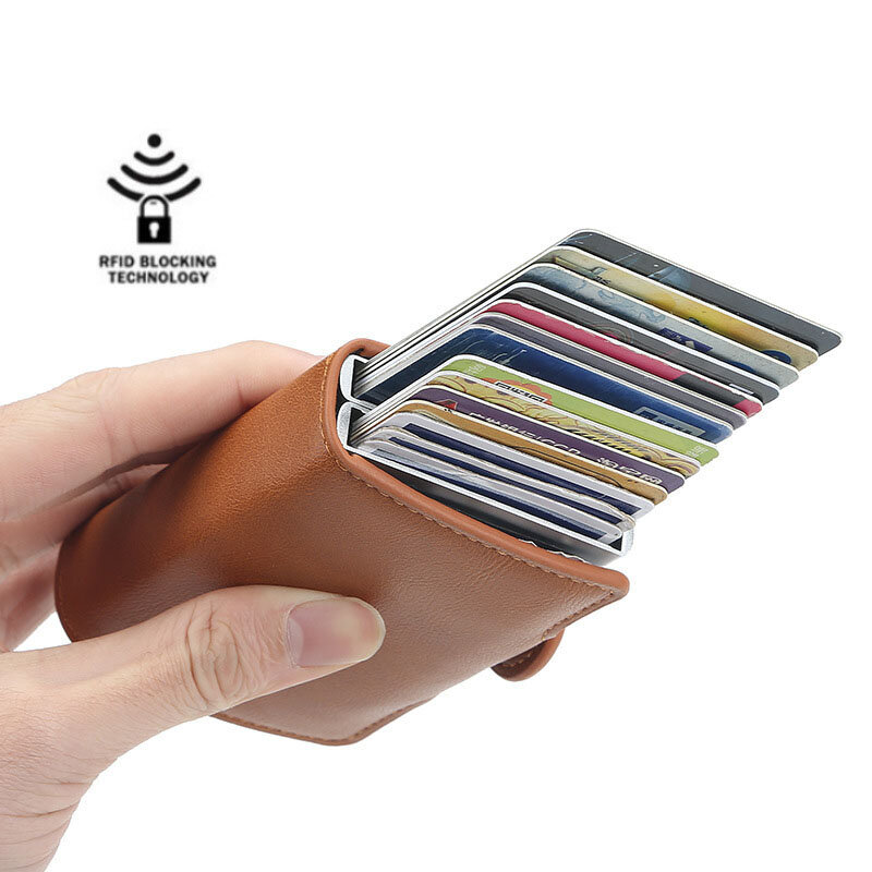 Portatarjetas RFID automático para hombre y mujer, Mini billetera Vintage de cuero PU, portatarjetas de crédito con identificación inteligente de Metal para tarjetas de negocios