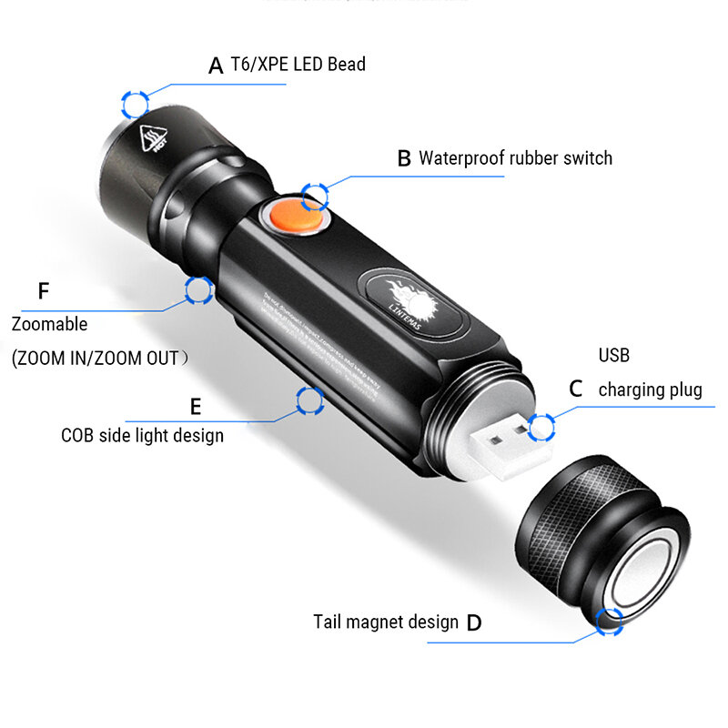 ไฟฉาย LED Mini T6 Zoomable Super Bright ไฟฉายแม่เหล็กมัลติฟังก์ชั่น COB ด้านข้าง USB ไฟฉาย Led แบบชาร์จไฟได้