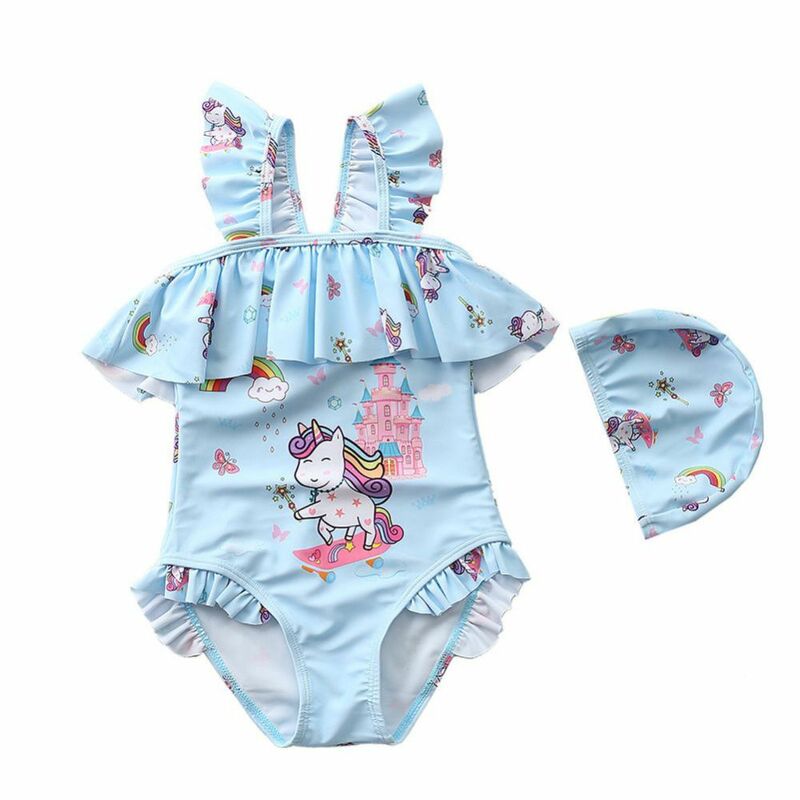 Weixinbuy Summer Cartoon Bathing Suits Dot Beach Swimwear + Swim Cap 1-7 Years Toddler Girls Ruffled One-Piece Swimsuits