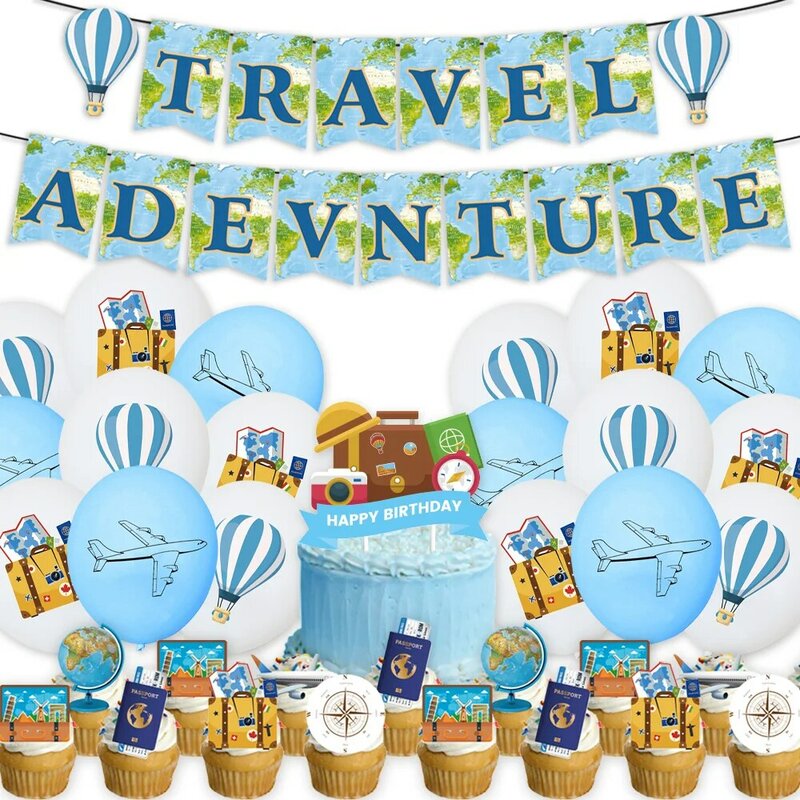 Primo tema di viaggio Set di decorazioni per il turismo del mondo mappa di viaggio bandiera Pull Banner Cake Card Airplane Balloon retailing Party