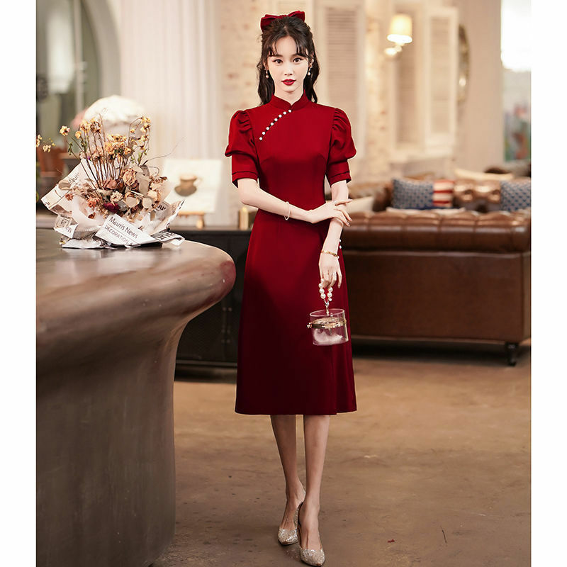 2021 stile esplosione estiva-abito Cheongsam sottile rosso vino da donna Toast/sposa/matrimonio retrò cinese