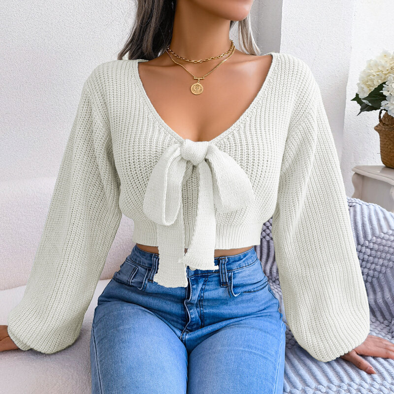 Autumn and Winter Women's Fashion Bow V-neck Lantern Sleeves Exposed Navel Sweet and Sexy Casual Solid Color Women's Clothing