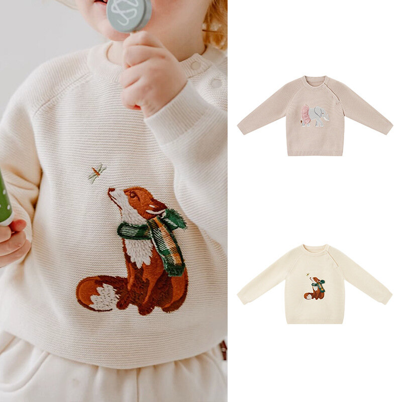 Top de malha infantil e infantil 3D bordado animal, suéter pulôver para meninos e meninas, novo, outono e inverno, 2023