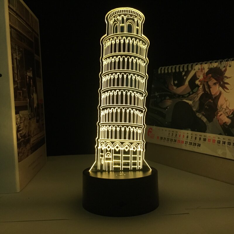 Inclinada torre de pisa modelo 3d luzes led novo original criativo toque remoto luz da noite casa decorações presente lâmpada