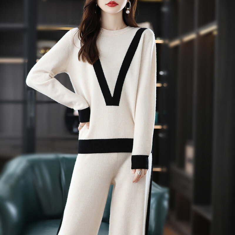 New Wool Suit Women's Small Fragrance Temperament Color Matching Sweater Wide-Leg Pants Wool Knitted Two-Piece Suit