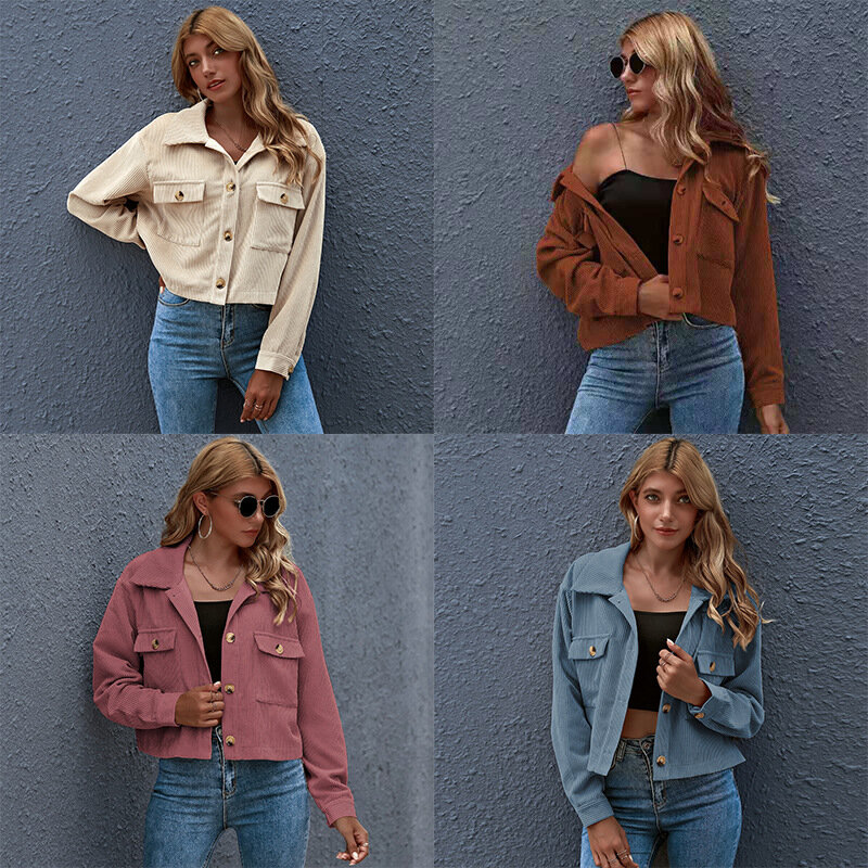 Autumn Women Corduroy Jacket Button Solid Top Casual Long Sleeve Loose Shirts Oversized Pocket Coat Top Female