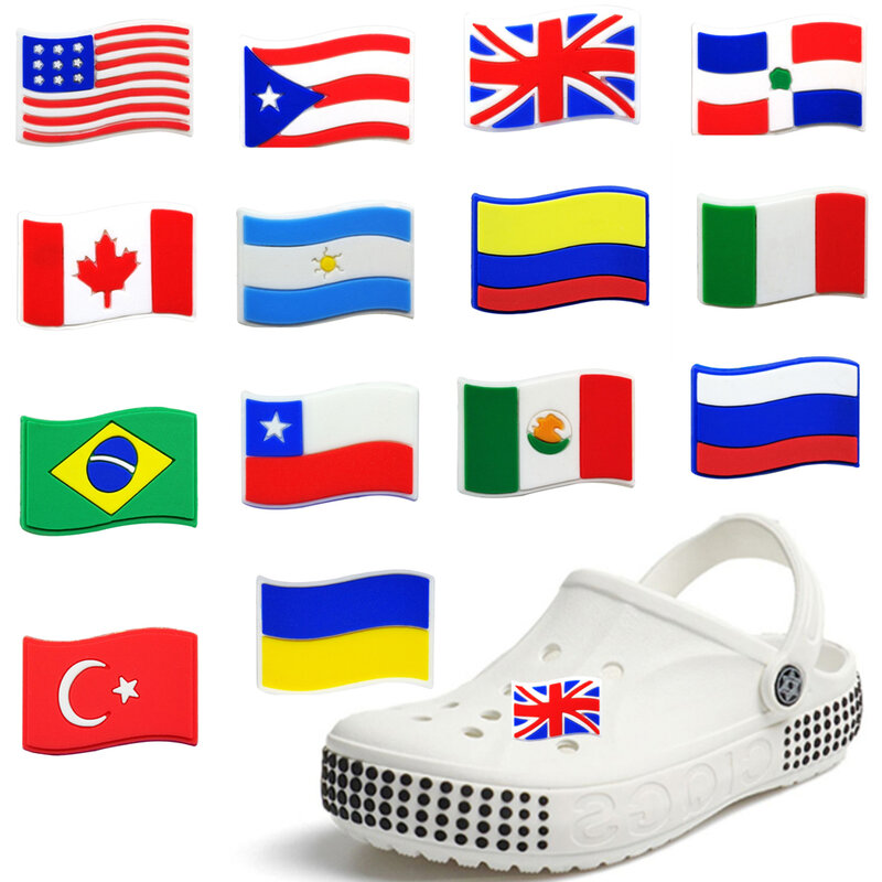 Single Sale 14 Kinds of National Flags PVC Shoe Croc Buckle Accessories Shoes Decoration For Kids Croc Charms Kids Party Gift