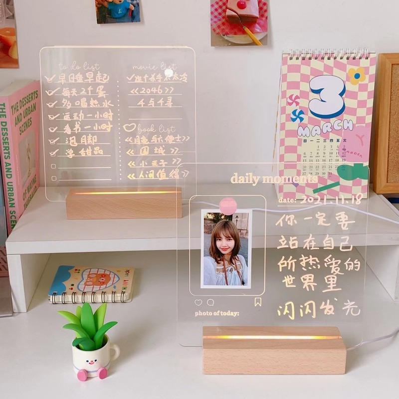 New Arrival USB Acrylic Daily Moments Photo Memo Message Board with Wood Stand Holder Set Lamp Creative School Stationery