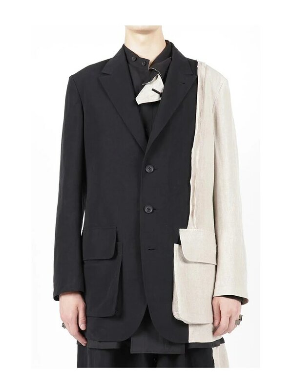 Blazer di lino giacche Unisex con cuciture a due colori yohji yamamoto men homme Japan style abbigliamento uomo blazer abbinato al colore top