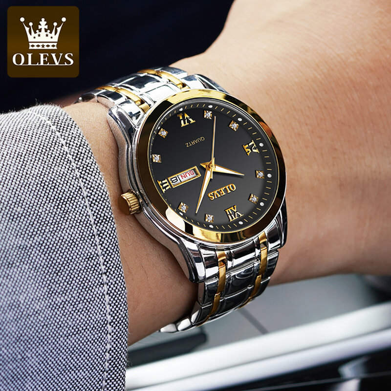 OLEVS – montre-bracelet à Quartz pour hommes, bracelet en acier inoxydable, double calendrier, haute qualité, étanche, à la mode