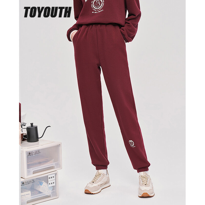Pantaloni della tuta in pile da donna Toyouth 2022 pantaloni lunghi dritti in vita elastica invernale pantaloni sportivi Casual caldi rossi vino Vintage