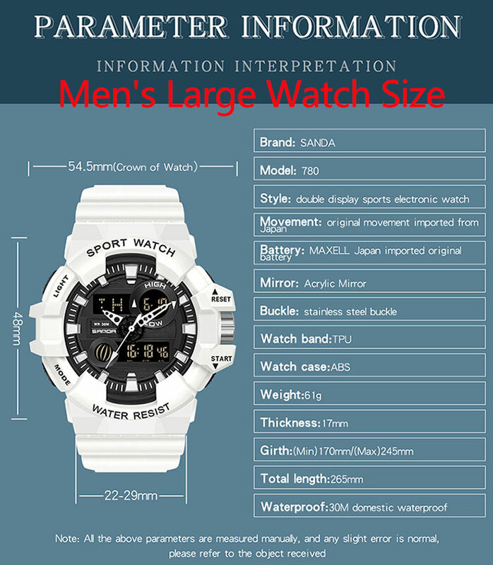 SANDA-relojes deportivos blancos para hombre, pulsera de cuarzo militar de lujo, Digital, LED, resistente al agua, masculino