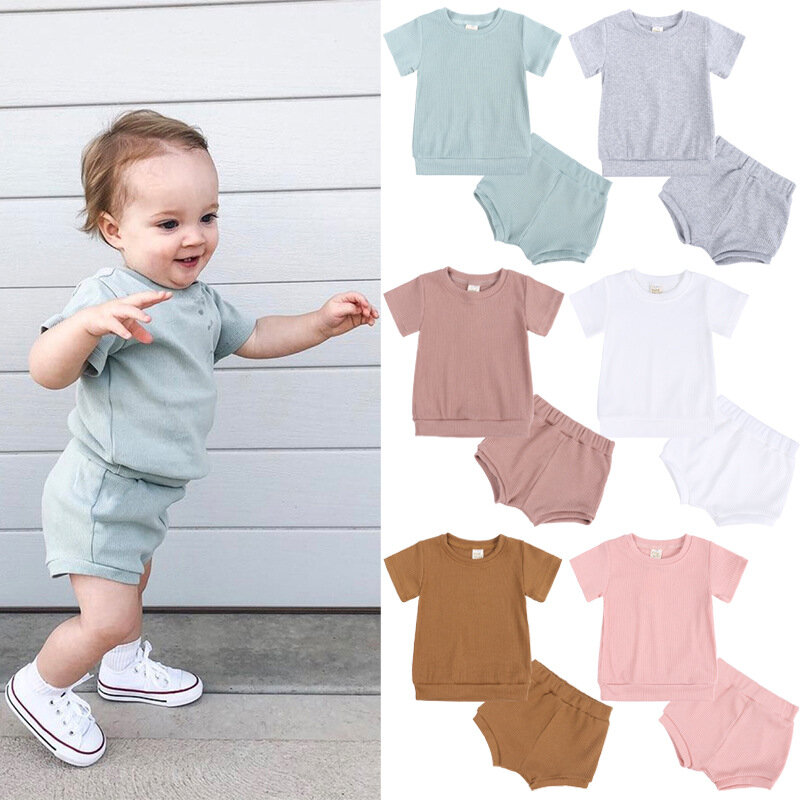 2022 conjuntos de roupas para meninas do bebê verão manga curta sólido algodão camiseta superior e shorts terno 2 pçs conjuntos de roupas para meninos