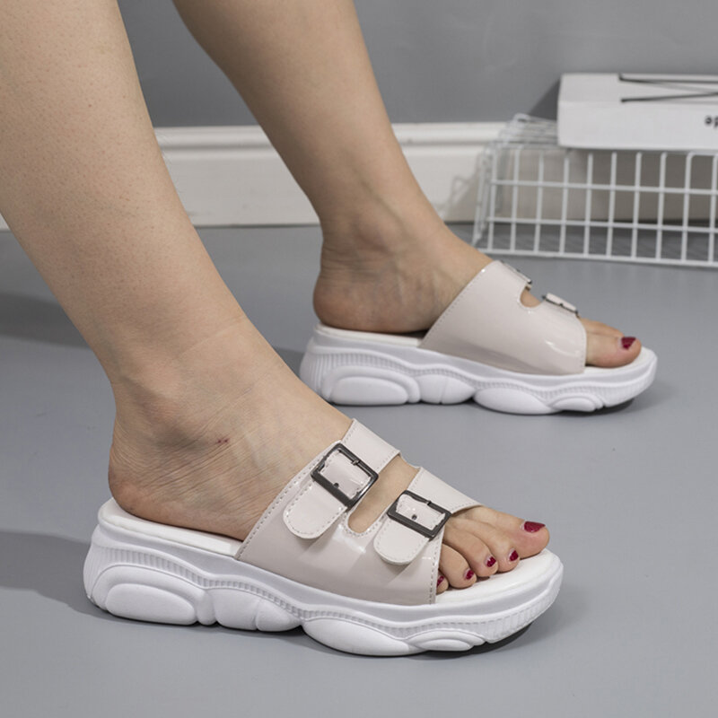 JMPRS-zapatillas de piel sintética con suela gruesa para mujer, sandalias de plataforma con hebilla, color rosa, para verano