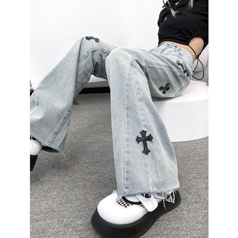 Nieuwe Y 2K Cargo Broek Voor Vrouwen Geborduurde Chromen Cross Hearts Jeans Losse Oversized Broek Wijde Pijpen Slanke Vloer Slepen Broek