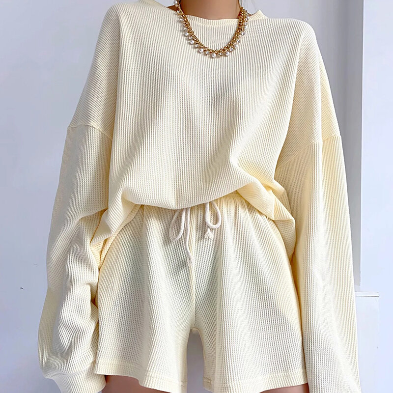 Waffle Sports Suit Solid Color 2022 Summer Thin Round Neck Sweater Long Sleeve High Waist Drawstring Loose Casual Shorts New y2k