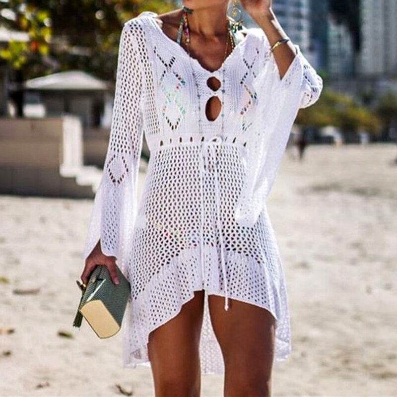 Robe de Plage Longue en Tricot Détail en Crochet, Tunique Paréo Transparente Cover-Up pour Maillot de Bain, Vêtement Sexy