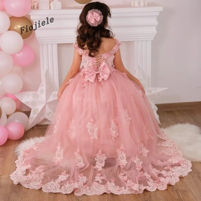 Элегантное розовое кружевное платье с цветочным рисунком для девочек на свадьбу, день рождения, Первое причастие, конкурс