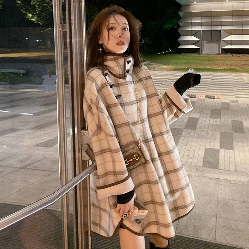 Coreano de alta qualidade xadrez casaco de lã 2023 outono e inverno feminino novo botão lateral aberto antigo solto médio e longo casaco