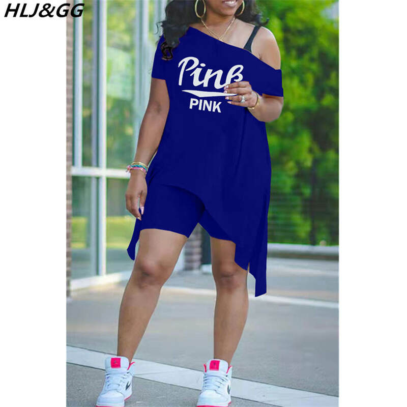 HLJ & GG Pakaian Olahraga Musim Panas Kasual Wanita Pakaian Cetak Huruf Merah Muda Set 2 Potong Satu Bahu Atasan Tidak Beraturan Celana Pendek Olahraga Streetwear