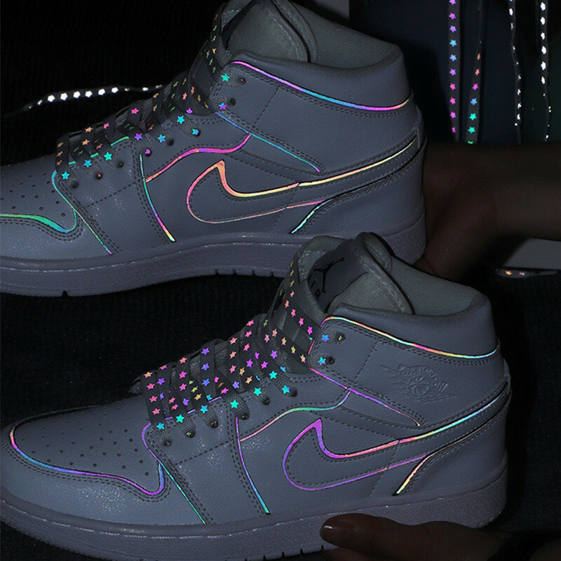 Cordones planos con patrón de estrella reflectante holográfica, zapatillas luminosas de alto brillo, cordones para zapatos para correr por la noche