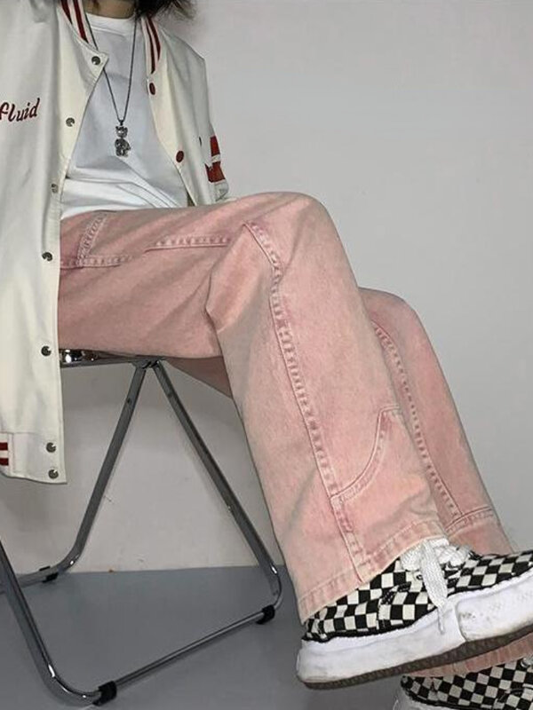 QWEEK Vintage Rosa Baggy Jeans Frauen 90s Retro Harajuku Grün Breite Bein Denim Hosen Oversize Chic Hip Hop Streetwear hosen