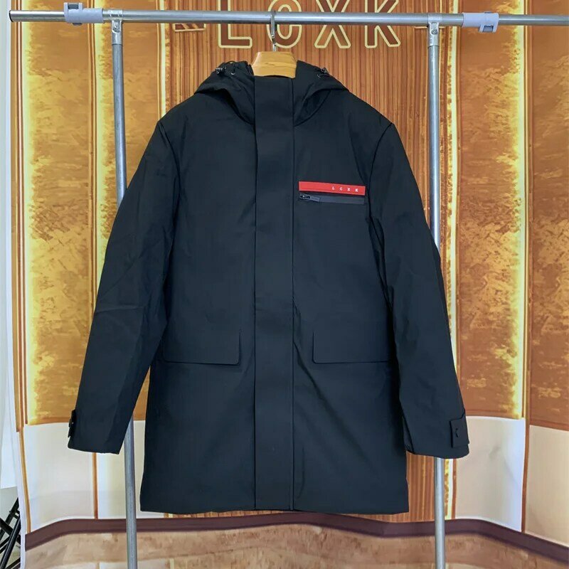 Высококачественная Мужская зимняя деловая Повседневная куртка средней длины с капюшоном и белым гусиным пухом