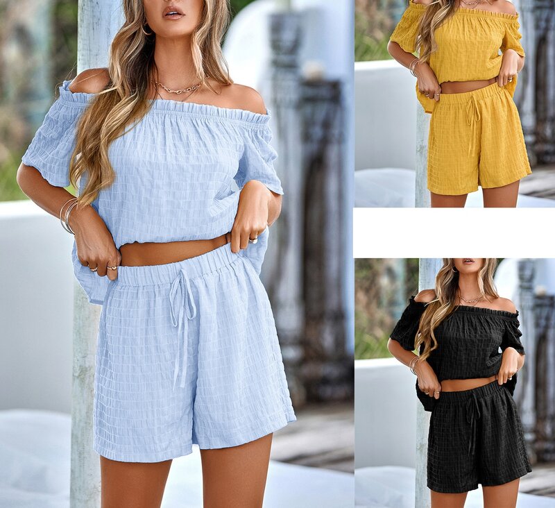 Spring and Summer New Women's Casual Fashion Off Shoulder One Line Neck Solid Loose Short Sleeve Two Piece Set