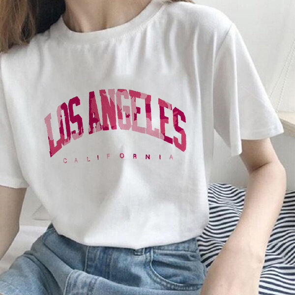 Fashion Los Angeles Letter Print Short Sleeve Casual T Shirts Women Graphic Tee Shirts Summer Streetwear Tops Oversized T Shirt