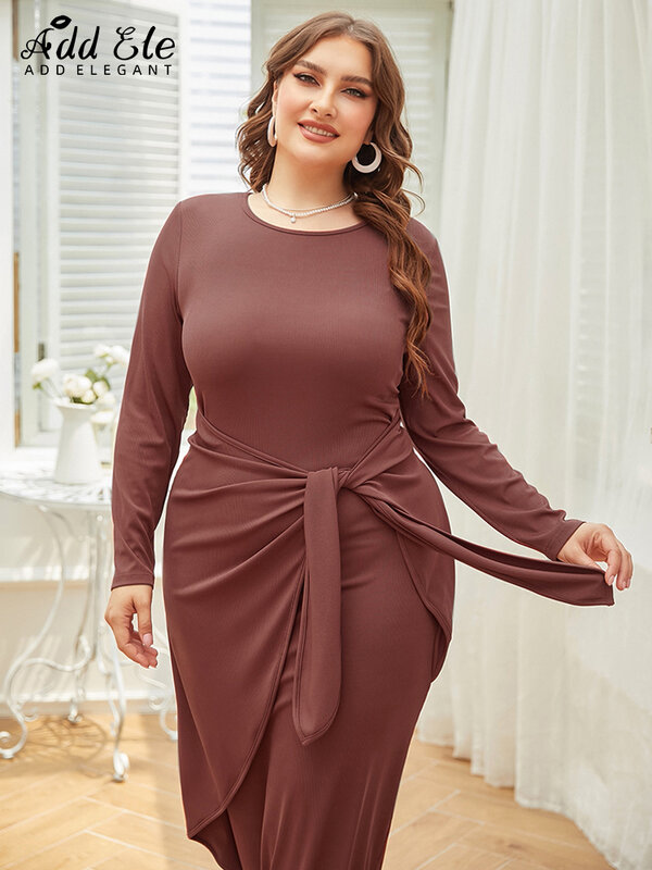 Dodaj elegancka Plus Size ołówkowa sukienka Bodycon Women 2022 jesienna podmiejska sznurowana konstrukcja O-Neck stylowa odzież z długim rękawem B800