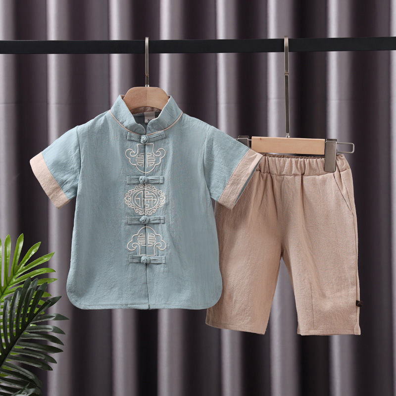 子供のための中国の半袖リネンスーツ,17のスタイル,繊細な刺繍のスタンドカラー,夏のシーズン,新しい
