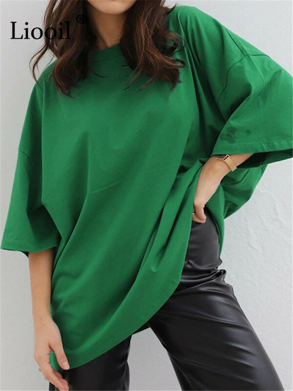 Liooil – t-shirt décontracté pour femmes, ample et basique, col rond, manches courtes, Streetwear, bleu, vert, Baggy, été 2022