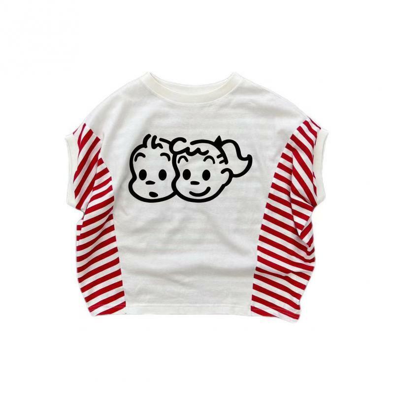 Osamu Goods Cute Summer Boys and Girls Big Head Doll Stripe Patch Loose Shoulder Short Sleeve T-Shirt Simple Versatile T-Shirt