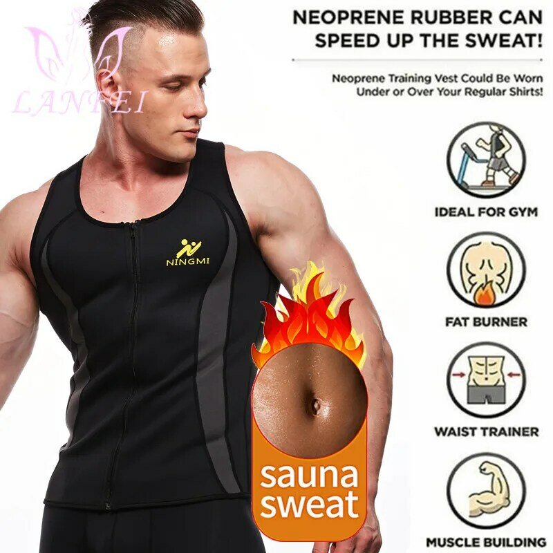 LANFEI waist trainer slimming shirt men hot neoprene fat burn vest compression body shaper sauna gym sweat tank top with zipper