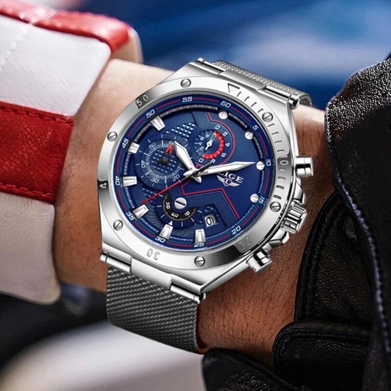 Lige-relógio masculino quartzo azul, à prova d'água, esportivo, marca de luxo e na moda