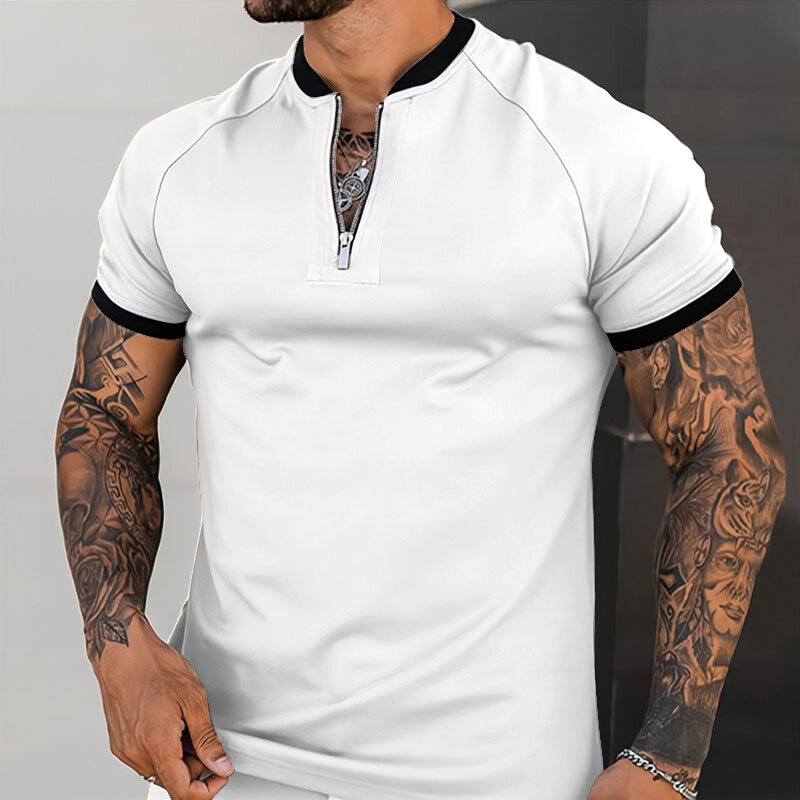 Fashion Men T Shirt Short Sleeve Fitness Round Neck Solid Color Zipper Casual polo shirt Mens Sports big Size Slim Fit Tops 2022