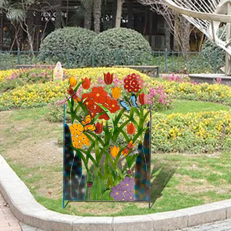 파티오용 금속 정원 울타리 패널, 현실적인 꽃과 잔디 인쇄 풍경 동물 배리 장식 이동식 펜싱