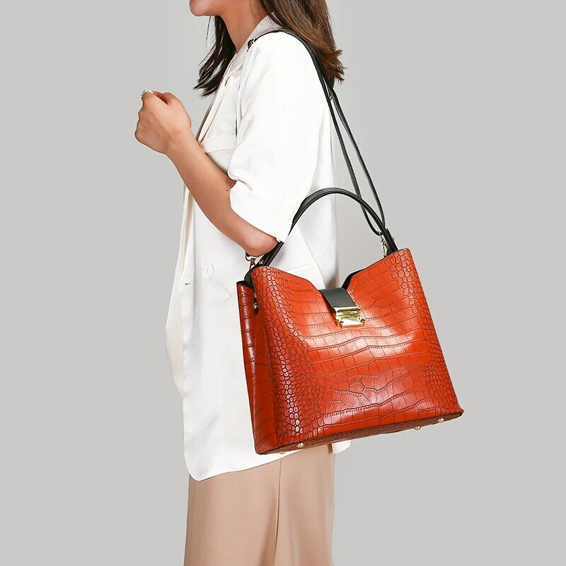 Ylian tas ibu dan anak pola buaya, tas ember satu bahu genggam mode baru 2023 untuk wanita